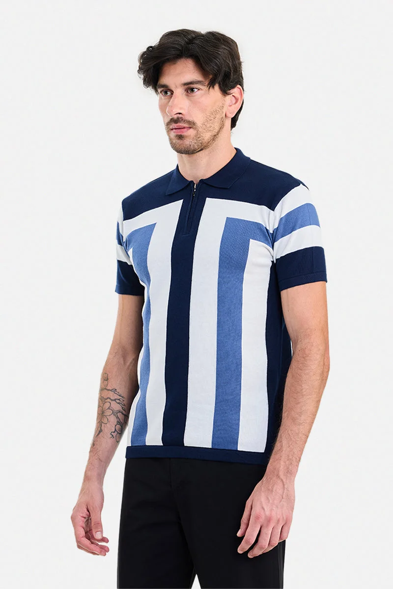 SNITCH Blue Blue Striped Half Sleeve Regular Fit T-Shirt for Men | Best Price UAE