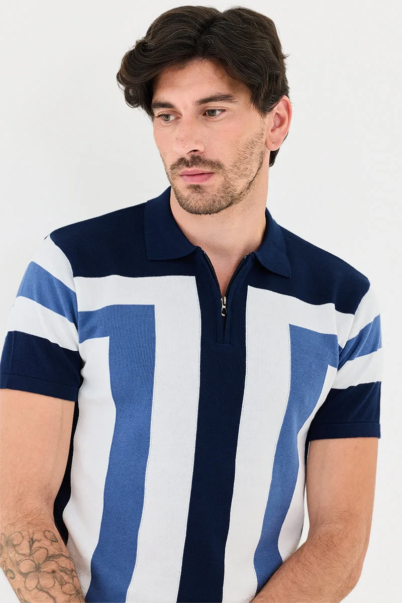 SNITCH Blue Blue Striped Half Sleeve Regular Fit T-Shirt for Men | Best Price UAE
