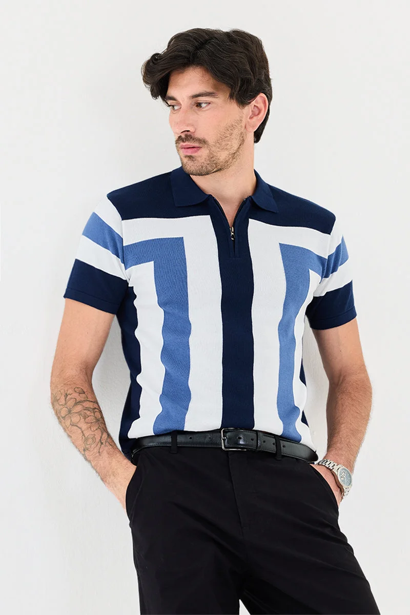 Blue Striped Half Sleeve Regular Fit T-Shirt
