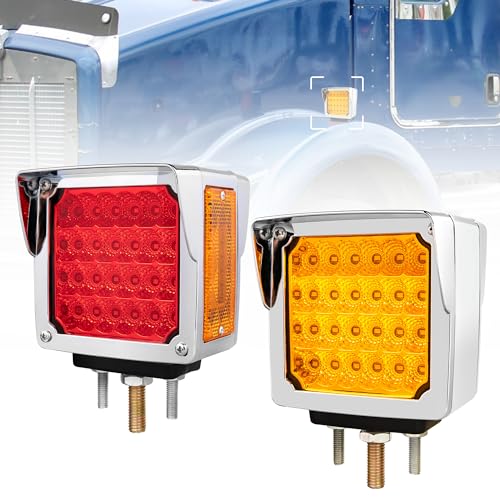 RED WOLF Truck Trailer Pedestal Light Turn Signal Marker Light Amber/Red Square Double Face 52 LEDs Three Stud Mount for Peterbilt Kenworth Freightliner Mack Western Star Fender Lamp - Image 1