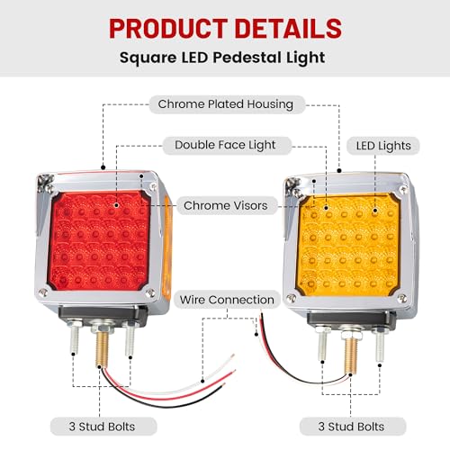 RED WOLF Truck Trailer Pedestal Light Turn Signal Marker Light Amber/Red Square Double Face 52 LEDs Three Stud Mount for Peterbilt Kenworth Freightliner Mack Western Star Fender Lamp - Image 4