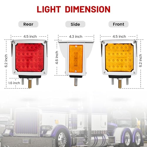 RED WOLF Truck Trailer Pedestal Light Turn Signal Marker Light Amber/Red Square Double Face 52 LEDs Three Stud Mount for Peterbilt Kenworth Freightliner Mack Western Star Fender Lamp - Image 5