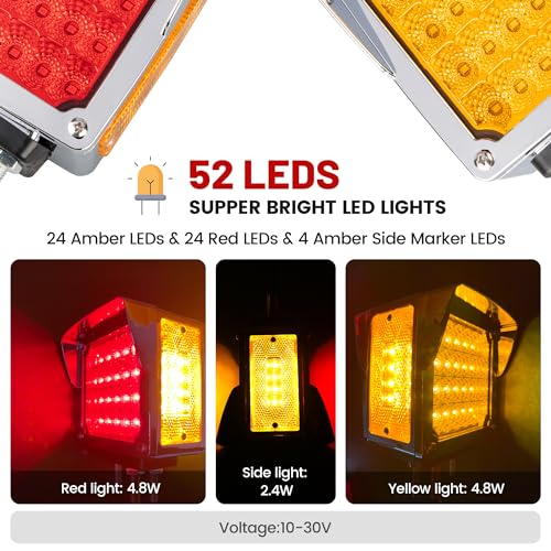 RED WOLF Truck Trailer Pedestal Light Turn Signal Marker Light Amber/Red Square Double Face 52 LEDs Three Stud Mount for Peterbilt Kenworth Freightliner Mack Western Star Fender Lamp - Image 3