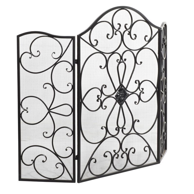 Deco 79 Deco 79 Metal Scroll Foldable 3 Panel Fireplace Screen with Mesh Netting 49 x 1 x 36 Black 