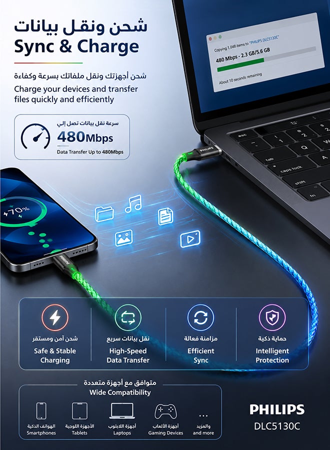 فيليبس كابل USB-C إلى USB-C بطول 1م 60W PD مع ضوء RGB متغير، (DLC5130C/00) – شحن سريع ومزامنة بيانات، تصميم متين – - Image 5