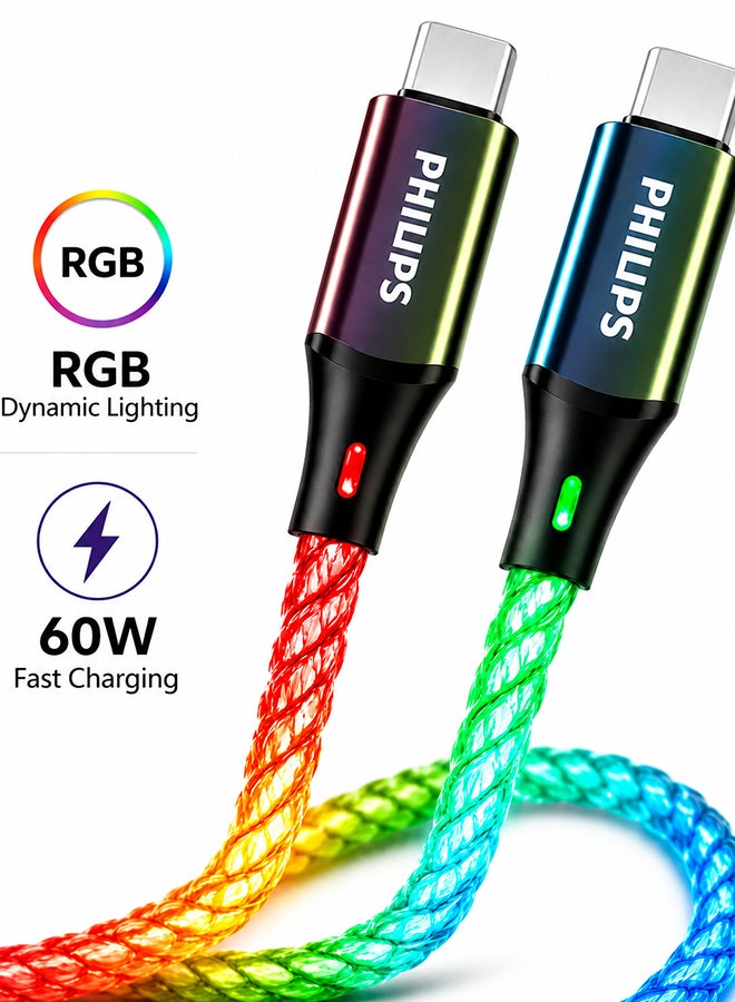 فيليبس كابل USB-C إلى USB-C بطول 1م 60W PD مع ضوء RGB متغير، (DLC5130C/00) – شحن سريع ومزامنة بيانات، تصميم متين – - Image 1