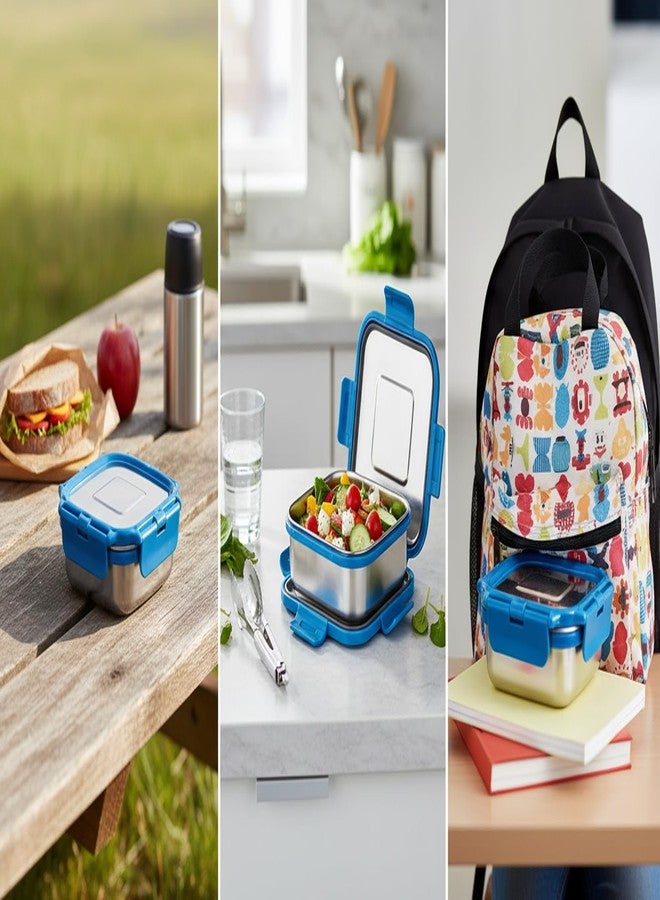 Gcrox Stainless Steel Airtight & Leakproof Medium Lunch Box with Silicon Ring & Polymer Frame for Re-Heating|Safe Lid Lock|Square (450ML) Dark Blue - Image 3