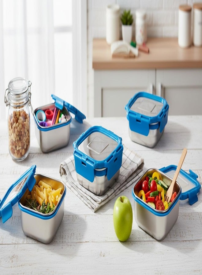 Gcrox Stainless Steel Airtight & Leakproof Medium Lunch Box with Silicon Ring & Polymer Frame for Re-Heating|Safe Lid Lock|Square (450ML) Dark Blue - Image 1