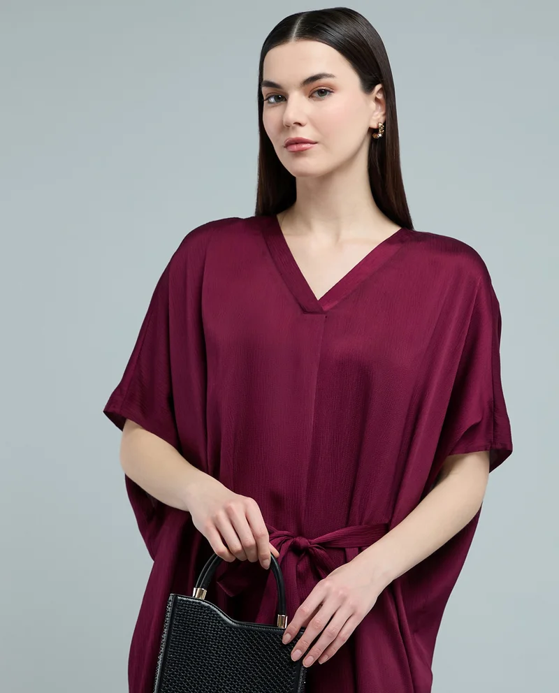 أر أند بي Belted Midi Dress with V-Neck and Kaftan Sleeves