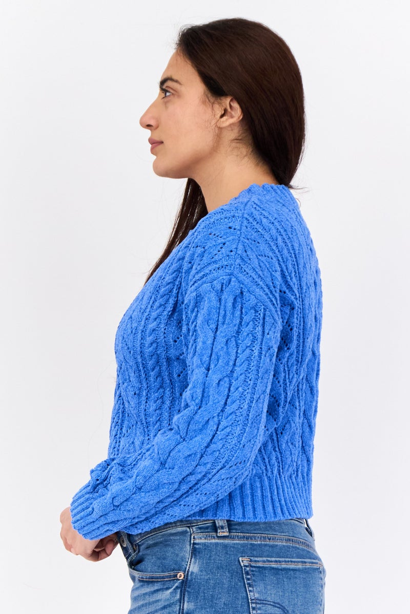 Pink Rose Women Crew Neck Knitted Sweater, Blue - Image 3