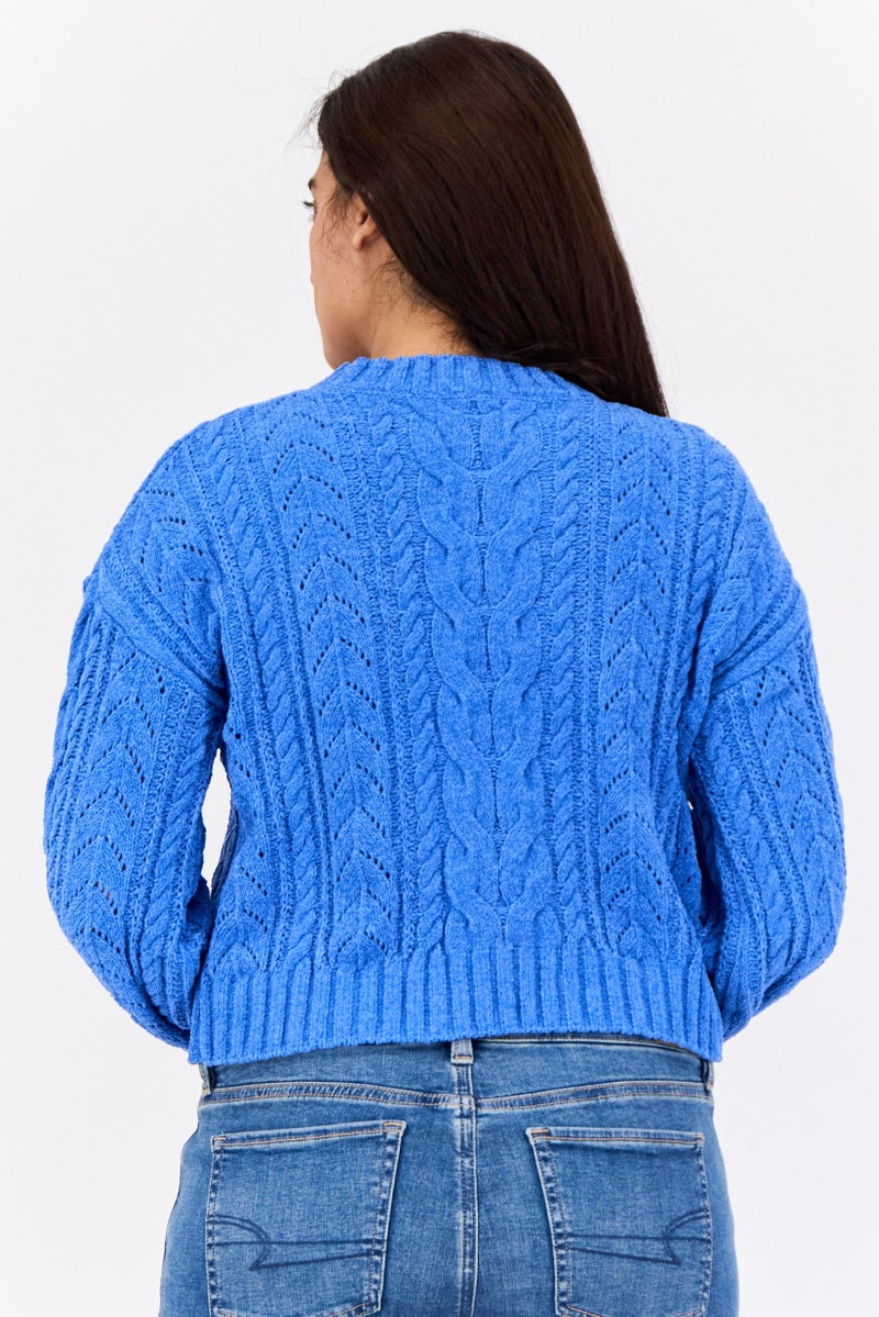 Pink Rose Women Crew Neck Knitted Sweater, Blue - Image 2