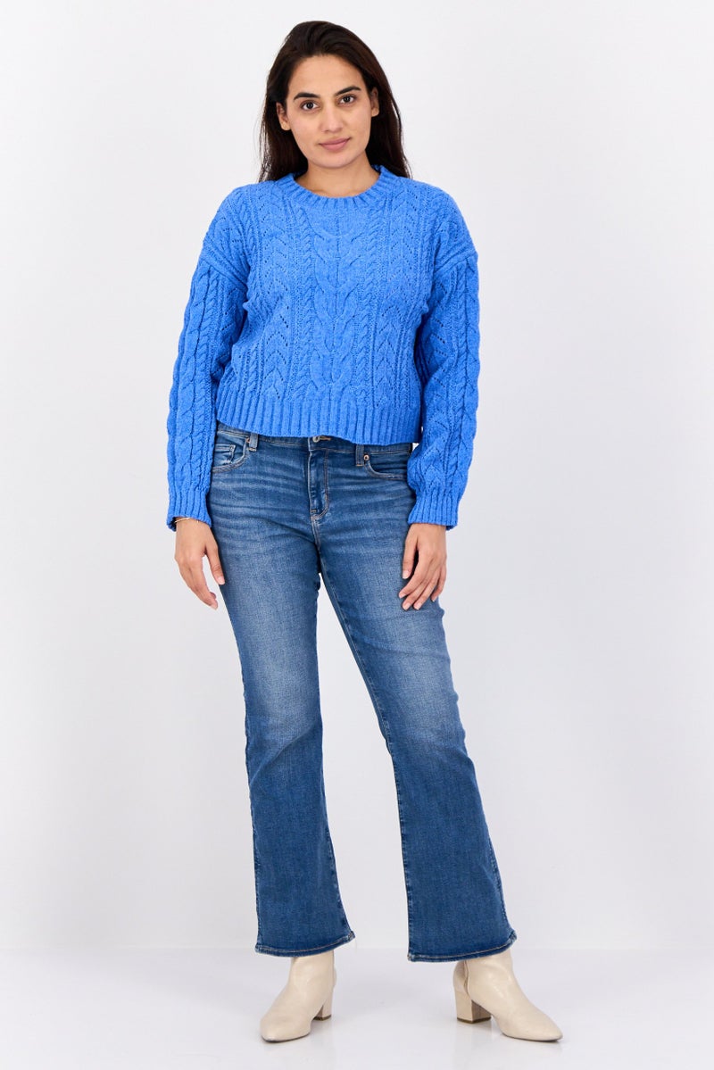 Pink Rose Women Crew Neck Knitted Sweater, Blue - Image 4