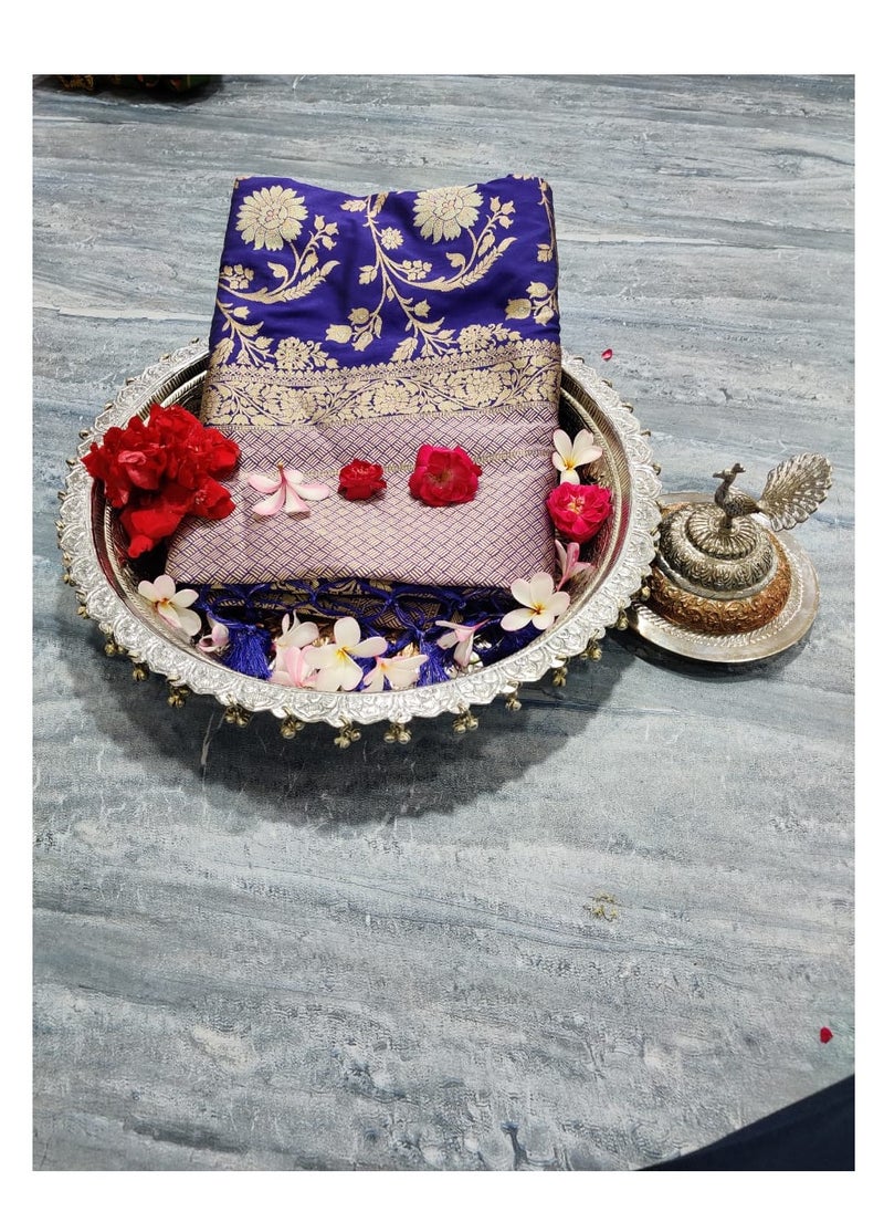 Grab Mantra - Violet Banarasi heavy Floral Design saree with weaving traditional border Plus unstitched blouse. - Image 1
