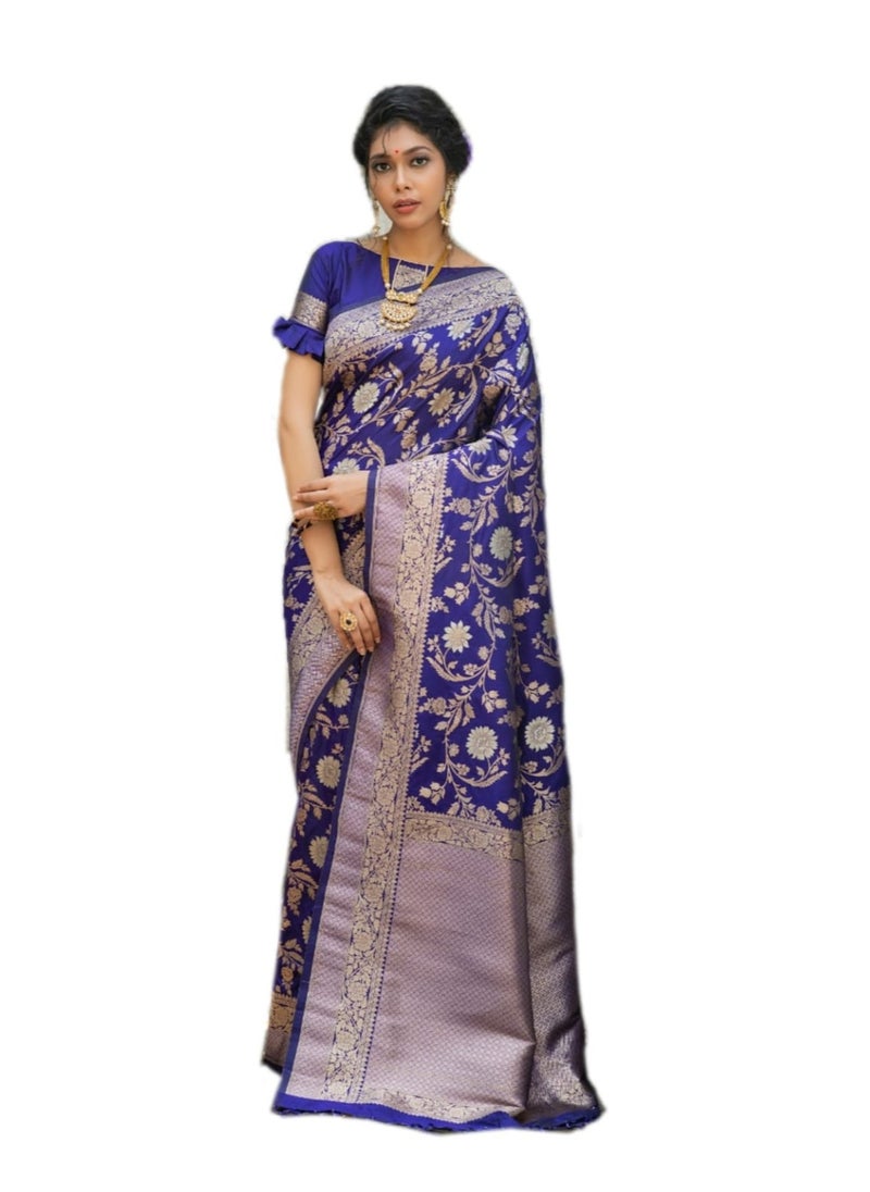 Grab Mantra - Violet Banarasi heavy Floral Design saree with weaving traditional border Plus unstitched blouse. - Image 1