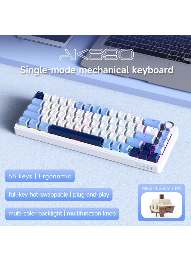 A-jazz AK690 Blue White Deep Blue Mixed Light DIY Wired Version Mechanical Keyboard Full Key Hot swappable Multi functional Metal Knob - Image 2