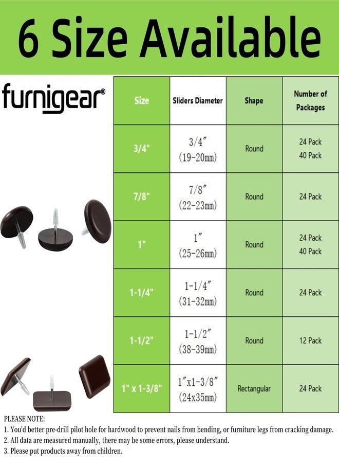 Furnigear منزلقات أثاث - منزلقات أرجل الكراسي من مادة PTFE (التفلون) من Furnigear للسجاد والأسطح الخشبية الصلبة - انقل أثاثك بسهولة وأمان - أفضل واقي للأرضيات (1 بوصة/مسمار، بني - عبوة من 40 قطعة) - Image 3