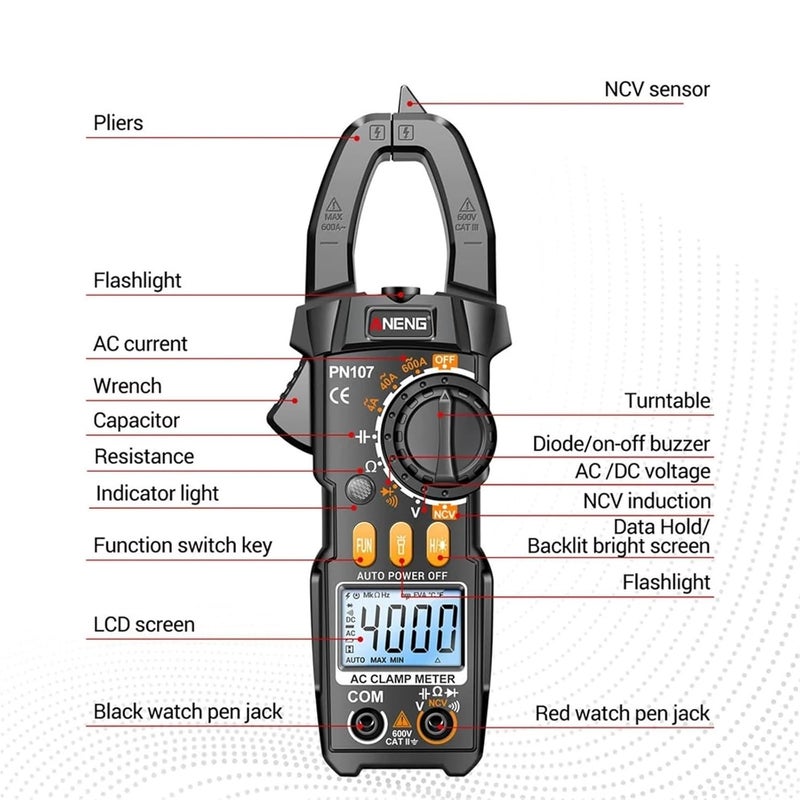 PN107 4000 Counts Digital Clamp Meter 600A AC Current Tester Voltmeter Ammeter NCV Diode Professional Electrician Tools(Red) - Image 2