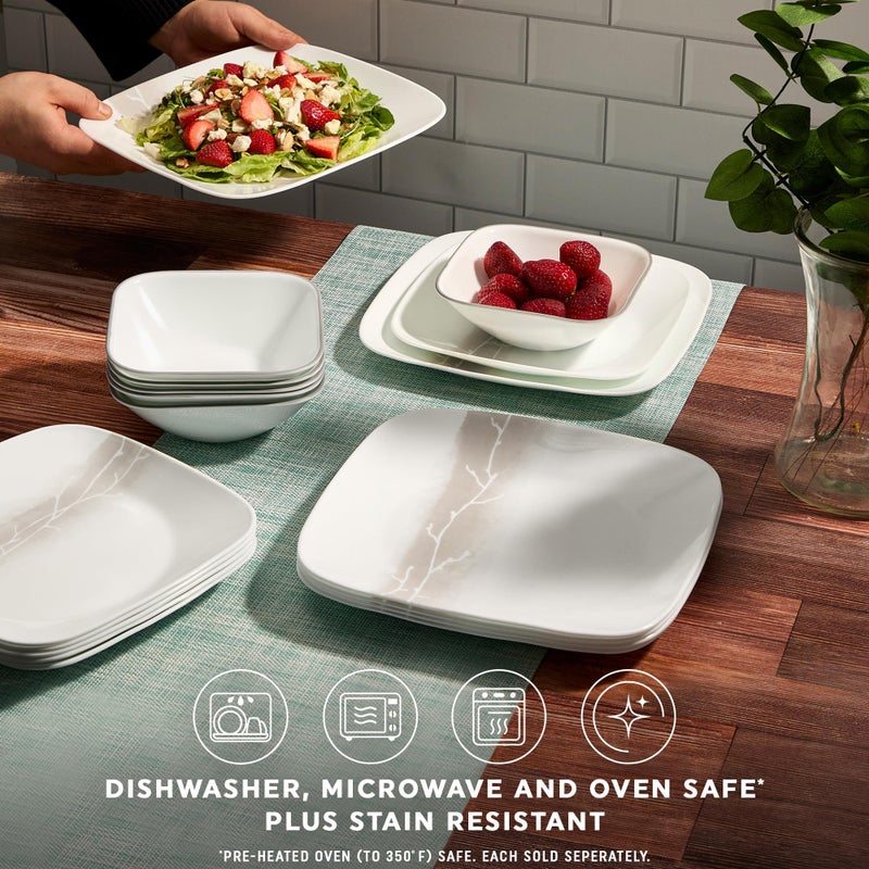 Corelle Vitrelle 18 Piece Glass Dinnerware Sets Rectangular Square Plate and Bowl Set Service for 6, Triple Layer Chip & Crack Resistant Glass Plate and Bowl Sets, Wandering Grove - Image 3
