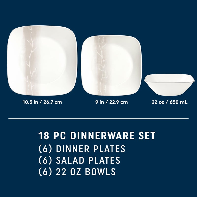 Corelle Vitrelle 18 Piece Glass Dinnerware Sets Rectangular Square Plate and Bowl Set Service for 6, Triple Layer Chip & Crack Resistant Glass Plate and Bowl Sets, Wandering Grove - Image 2