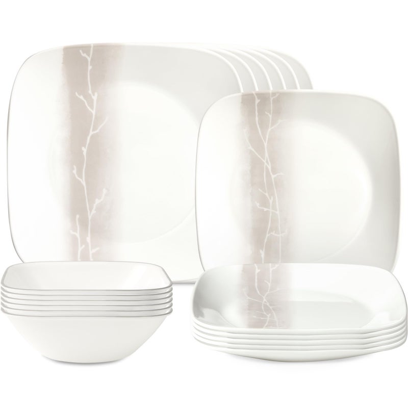 Corelle Vitrelle 18 Piece Glass Dinnerware Sets Rectangular Square Plate and Bowl Set Service for 6, Triple Layer Chip & Crack Resistant Glass Plate and Bowl Sets, Wandering Grove - Image 1