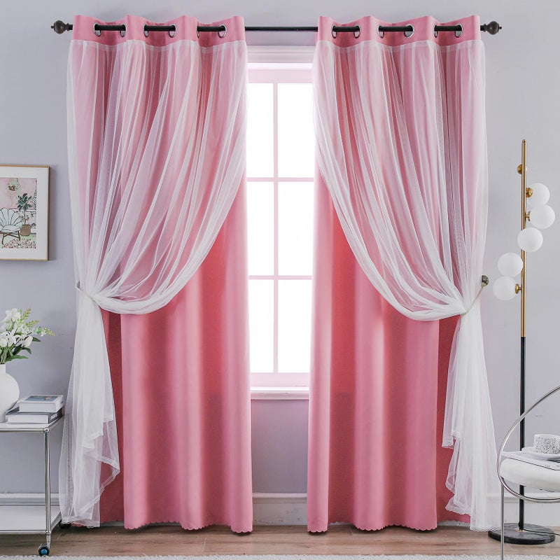 Anytime Home Curtains Blackout and Sheer Layered Solid Window Curtain Panel Pair with Grommet Top, 52Wx63L,Pink - Image 1