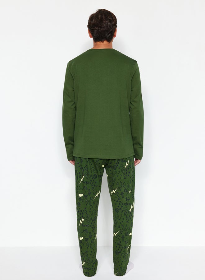 trendyol Men's Khaki Embroidered Regular Fit Knitted Pajamas Set - 100% Cotton - Image 5