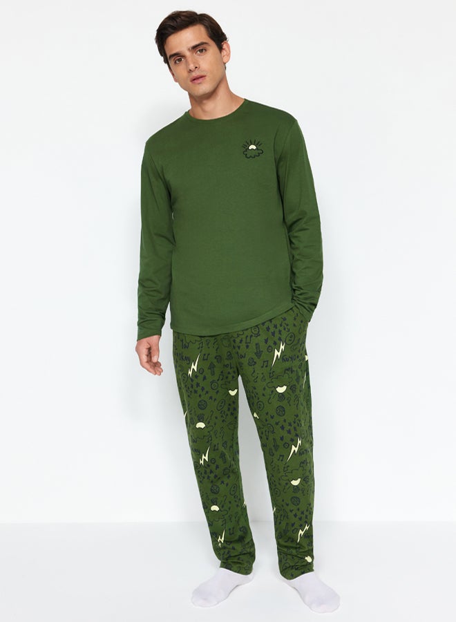 trendyol Men's Khaki Embroidered Regular Fit Knitted Pajamas Set - 100% Cotton - Image 1