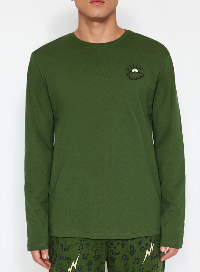 trendyol Men's Khaki Embroidered Regular Fit Knitted Pajamas Set - 100% Cotton - Image 4