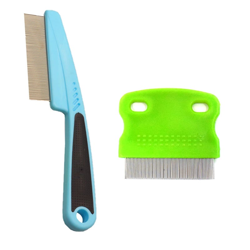 2 Pcs Pet Grooming Combs Flea and Lice Remover for Dogs Cats and Small Pets Blue and Green