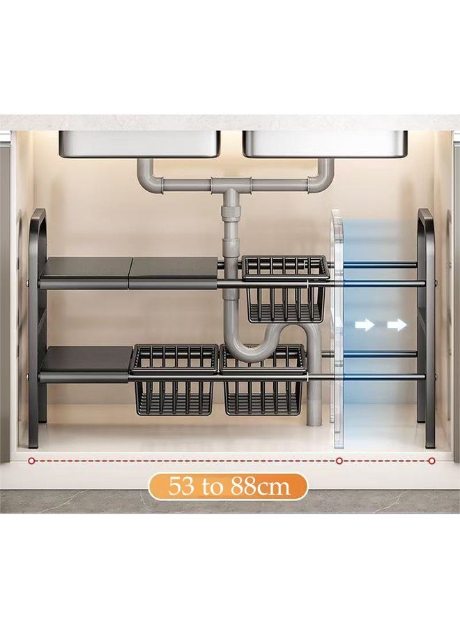 DUNISO 2 Tier Under Sink Cabinet Basket Extendable Multi-Functional Adjustable Carbon Steel Kitchen Storage Organisation with 3 Removable Panels and 3 Storage Basket Kitchen Cupboard Shelf for Kitchen Bathroom - Image 1