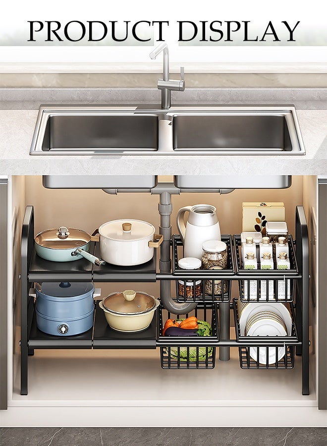 DUNISO 2 Tier Under Sink Cabinet Basket Extendable Multi-Functional Adjustable Carbon Steel Kitchen Storage Organisation with 3 Removable Panels and 3 Storage Basket Kitchen Cupboard Shelf for Kitchen Bathroom - Image 2