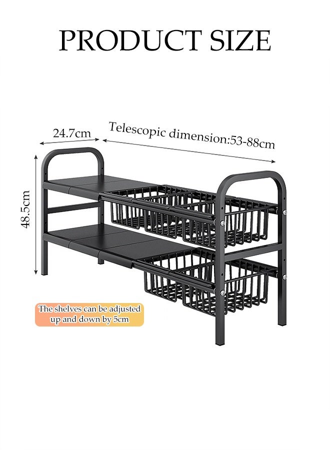 DUNISO 2 Tier Under Sink Cabinet Basket Extendable Multi-Functional Adjustable Carbon Steel Kitchen Storage Organisation with 3 Removable Panels and 3 Storage Basket Kitchen Cupboard Shelf for Kitchen Bathroom - Image 4