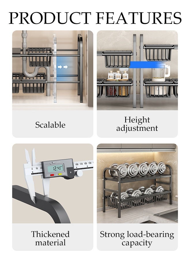 DUNISO 2 Tier Under Sink Cabinet Basket Extendable Multi-Functional Adjustable Carbon Steel Kitchen Storage Organisation with 3 Removable Panels and 3 Storage Basket Kitchen Cupboard Shelf for Kitchen Bathroom - Image 5