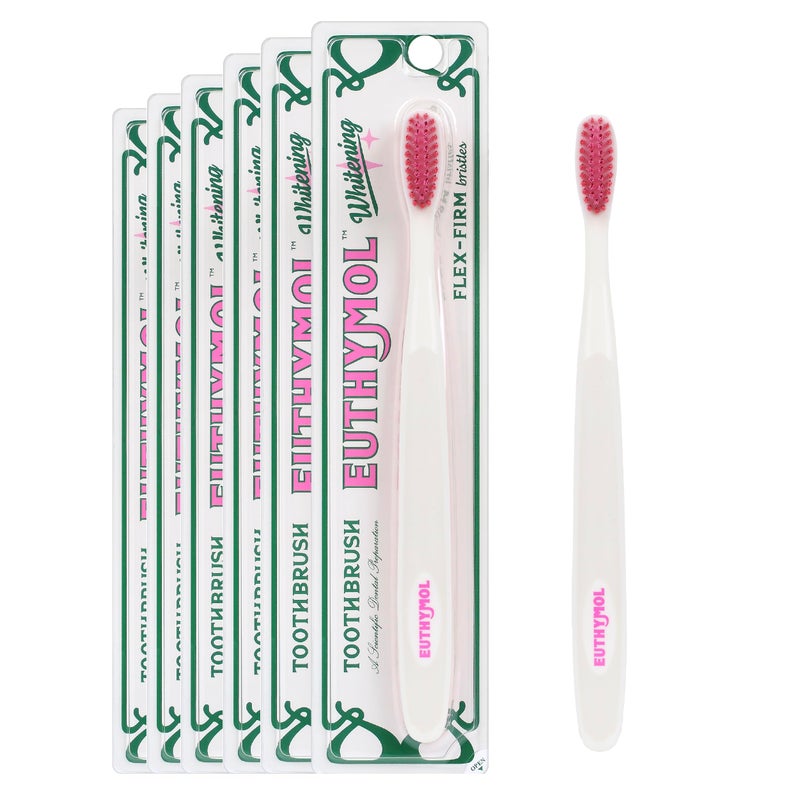 Euthymol فرشاة أسنان إيثيمول المبيضة بيضاء 6 قطع شعيرات ناعمة مزدوجة التوتر إزالة متقدمة للبلاك وتقليل البقع