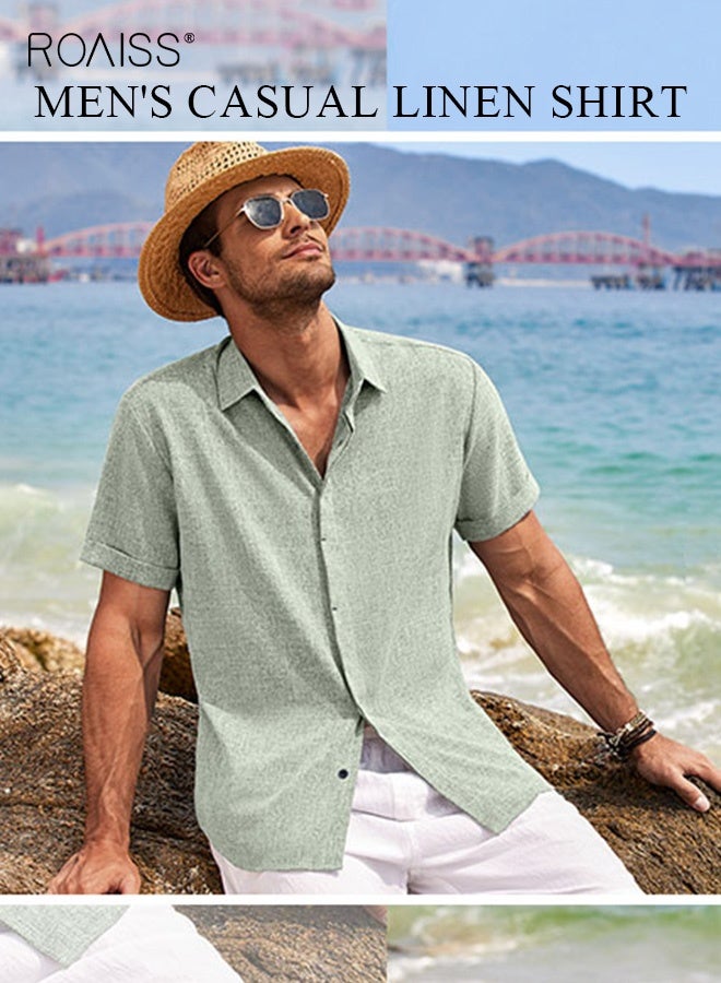 roaiss Men's Linen Short Sleeve T-Shirt Premium Breathable Fabric Modest Loose Lapel Buttons Shirt Solid Color Beach Resort Wear for Men Casual Large Size Tops Green - Image 5