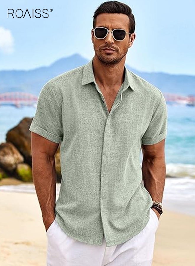 roaiss Men's Linen Short Sleeve T-Shirt Premium Breathable Fabric Modest Loose Lapel Buttons Shirt Solid Color Beach Resort Wear for Men Casual Large Size Tops Green - Image 2
