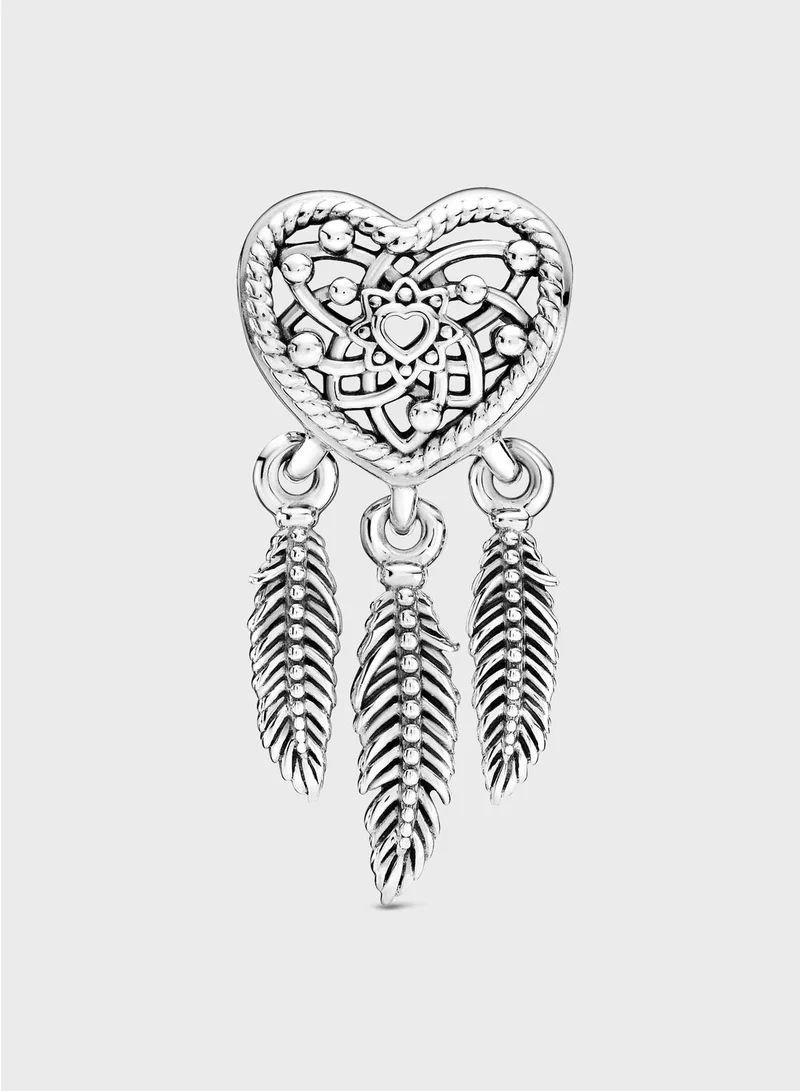 PANDORA Openwork Heart & Three Feathers Dreamcatcher Charm