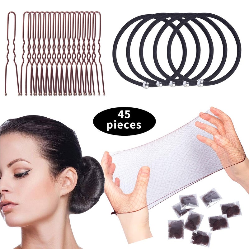WeKen Hair Bun Accessories Set 20PCS 20 Individual Package Invisible Hairnets 20PCS U Shape Hairpin 5PCS High Elastic Hair Bands for Women Girls Dance Ballet Hair Accessories Kit Dark Brown