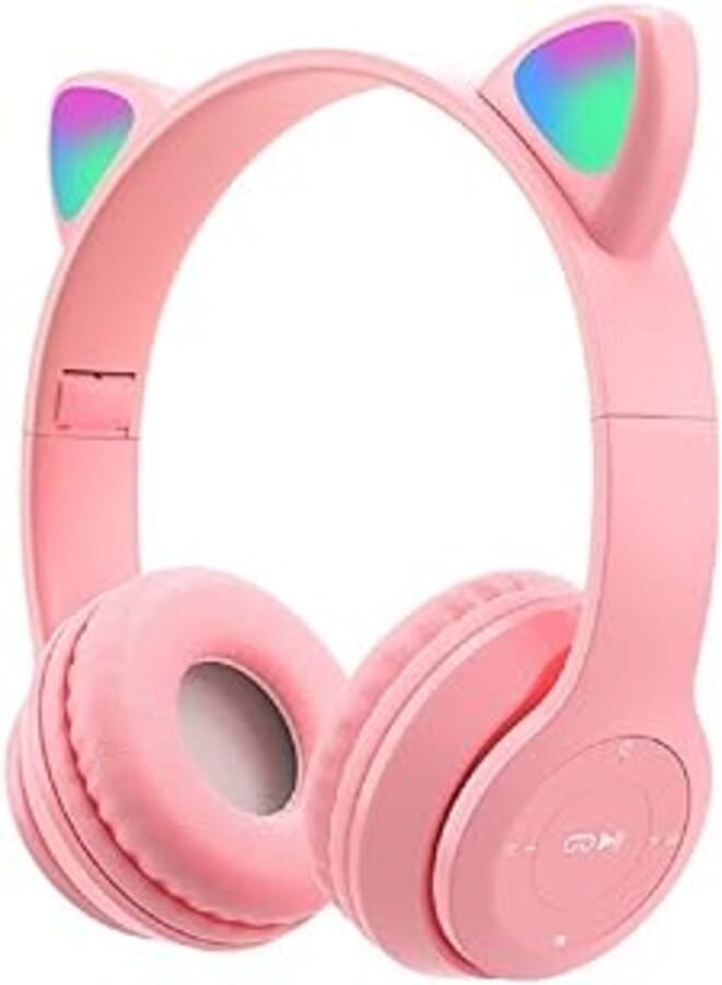 arVin Kids Headphones, Childrens Headphones with LED Glowing and Microphone, Pluggable, Use TF Card, Foldable Wireless Bluetooth Stereo Pink Headset, Wired