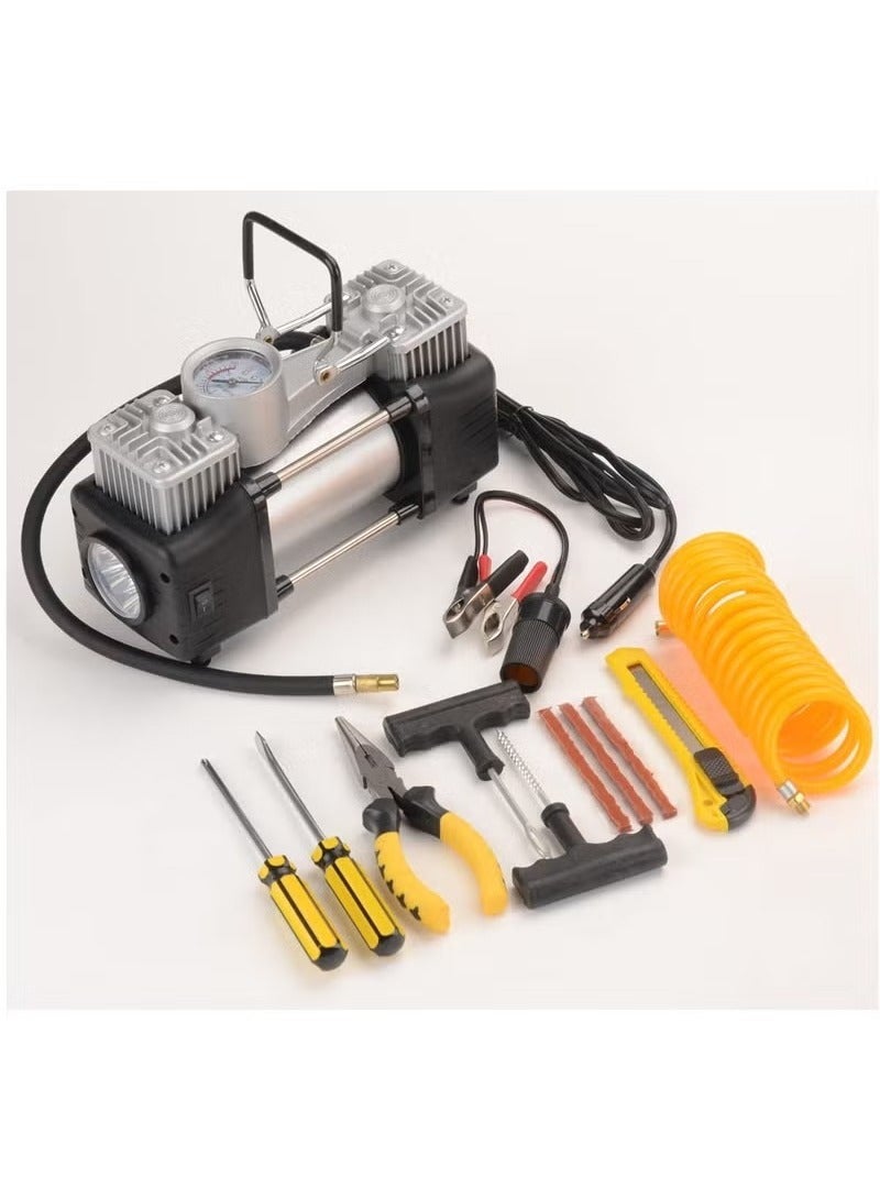 Denx Heavy duty 2-piston double cylinder car tire inflator and tire compressor with high brightness headlight and a bag for easy carrying and storage. - Image 3
