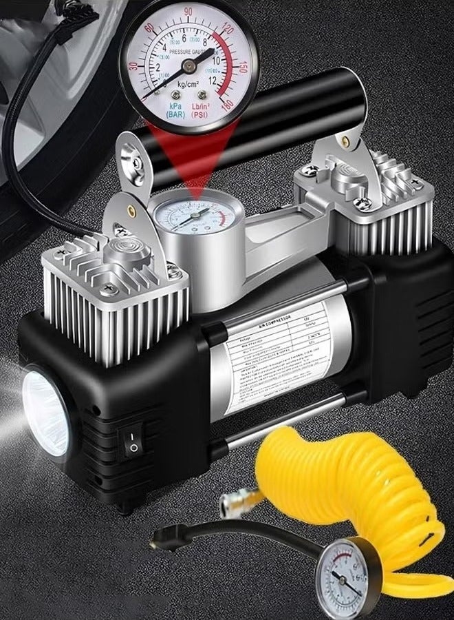 Denx Heavy duty 2-piston double cylinder car tire inflator and tire compressor with high brightness headlight and a bag for easy carrying and storage. - Image 1