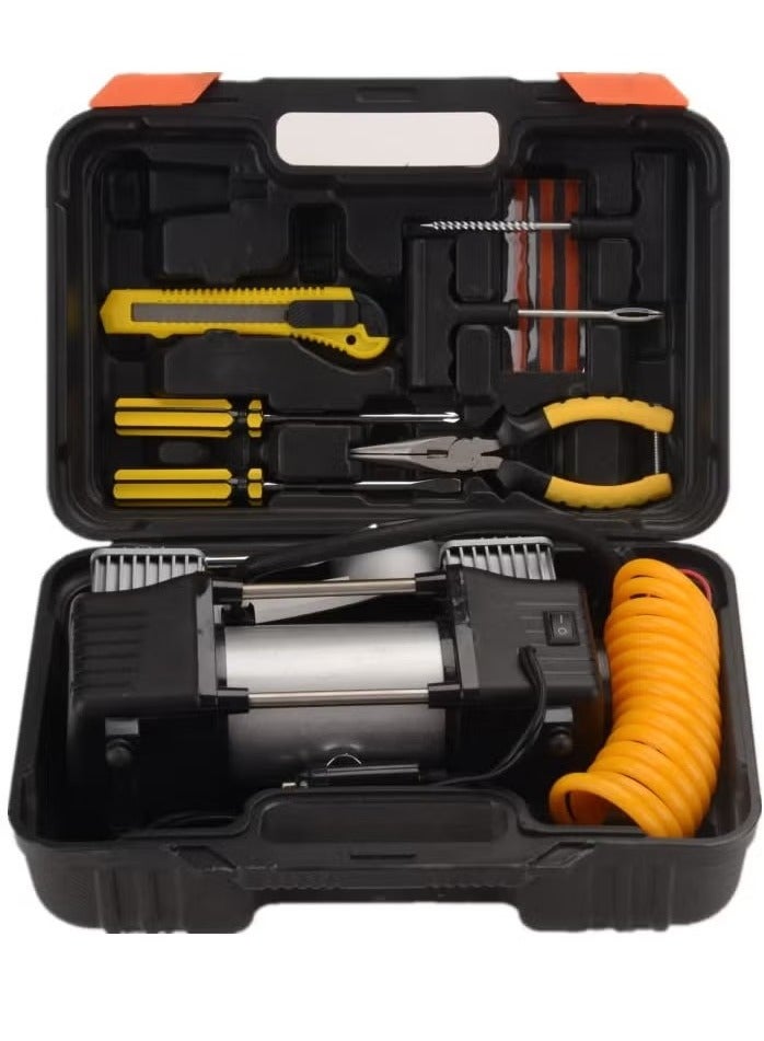 Denx Heavy duty 2-piston double cylinder car tire inflator and tire compressor with high brightness headlight and a bag for easy carrying and storage. - Image 4