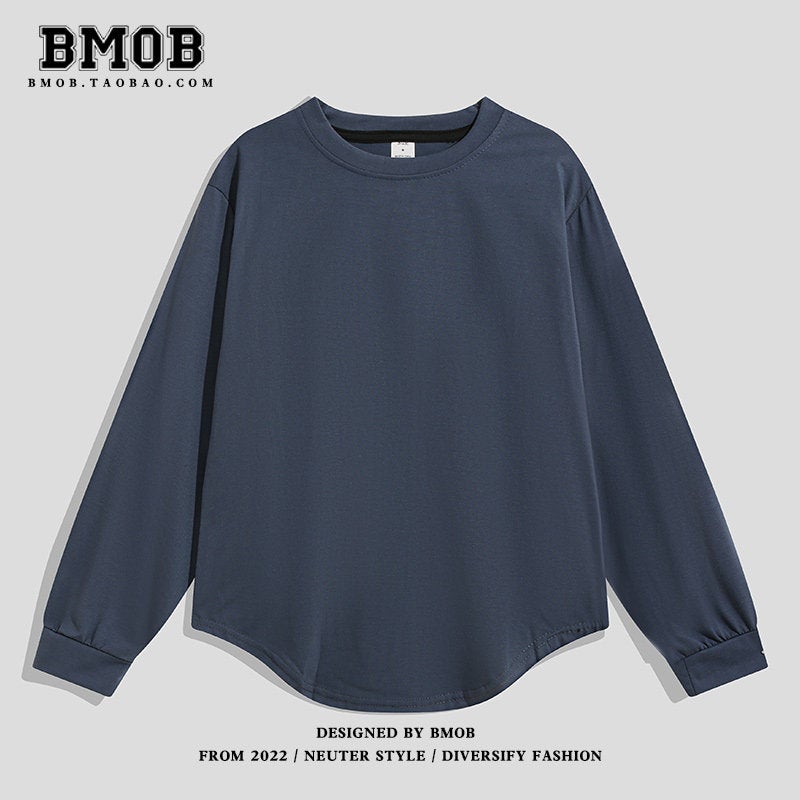 BMOB autumn and winter long-sleeved inner T-shirt men's and women's round neck solid color hoodie irregular arc hem trendy base shirt - Image 3