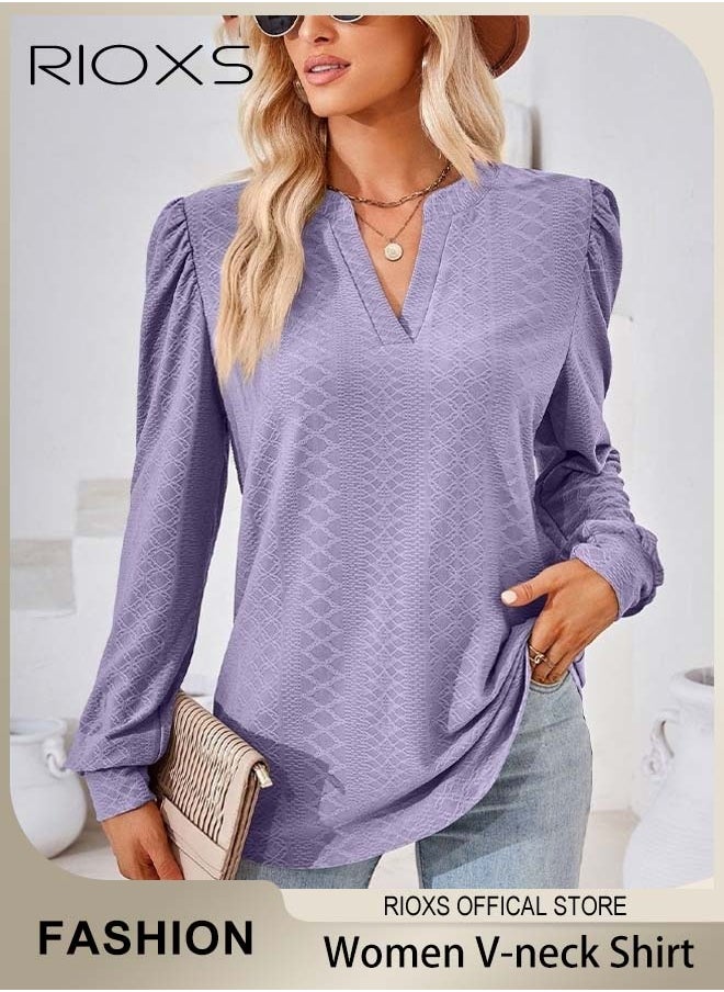 RIOXS Women's V-neck Long Sleeve Blouse,Loose Casual Blouse,Soft Comfortable Pullover Shirt,Classic Comfortable Tops,Solid Color Tops,For Work/Office/Vacation/Travel/Basic Daily Wear  - Image 1