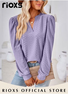 RIOXS Women's V-neck Long Sleeve Blouse,Loose Casual Blouse,Soft Comfortable Pullover Shirt,Classic Comfortable Tops,Solid Color Tops,For Work/Office/Vacation/Travel/Basic Daily Wear  - Image 4