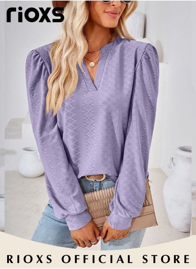 RIOXS Women's V-neck Long Sleeve Blouse,Loose Casual Blouse,Soft Comfortable Pullover Shirt,Classic Comfortable Tops,Solid Color Tops,For Work/Office/Vacation/Travel/Basic Daily Wear  - Image 4