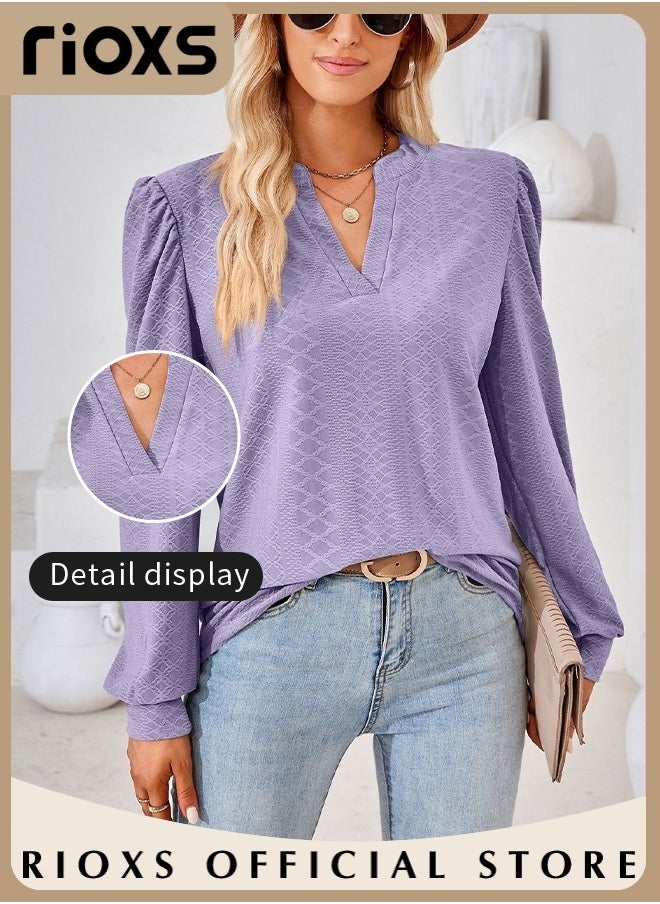 RIOXS Women's V-neck Long Sleeve Blouse,Loose Casual Blouse,Soft Comfortable Pullover Shirt,Classic Comfortable Tops,Solid Color Tops,For Work/Office/Vacation/Travel/Basic Daily Wear  - Image 2