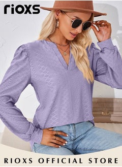 RIOXS Women's V-neck Long Sleeve Blouse,Loose Casual Blouse,Soft Comfortable Pullover Shirt,Classic Comfortable Tops,Solid Color Tops,For Work/Office/Vacation/Travel/Basic Daily Wear  - Image 3