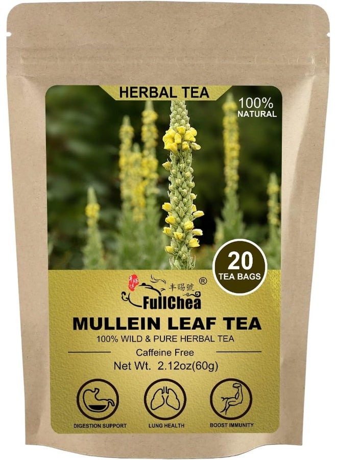 FullChea فول تشيا - أكياس شاي أوراق المولين, 20 كيس شاي, 3 جرام/كيس - أكياس شاي مولين الطبيعية للرئتين - خالية من الكائنات المعدلة وراثيًا - خالية من الكافيين - شاي أعشاب صحي طبيعي لدعم إزالة السموم والجهاز التنفسي - Image 1