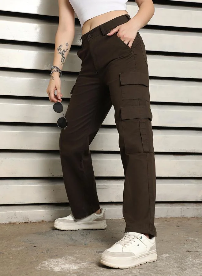 HIGH STAR High Rise Straight Fit Cargo Trousers by Styli